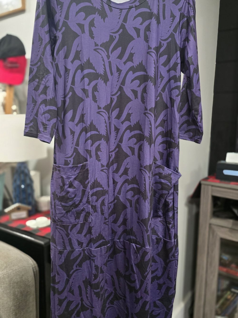 NWOT Purple Floral Patch Pocket 3/4 Sleeve Midi Dress S